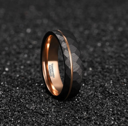 Black 6mm men's ring with faceted design and rose gold accents by Forge and Lumber.
