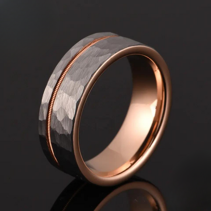 Flat gold and silver wedding band with textured finish by Forge and Lumber, available in sizes UK M, N, O.